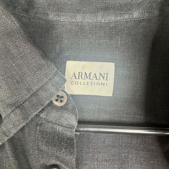 Armani Collezioni Black Flax Linen Button-Down Long Sleeve Shirt XL 16/41 - Picture 8 of 13